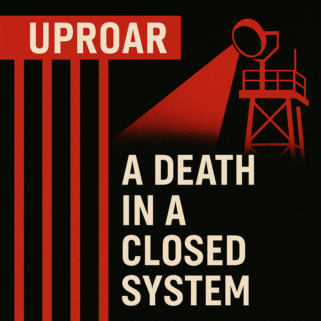 UPROAR graphic with prison tower and red bars