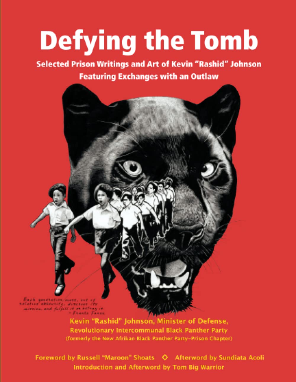 Book cover for “Defying the Tomb,” featuring a black panther emerging from darkness with revolutionary imagery on a red background.