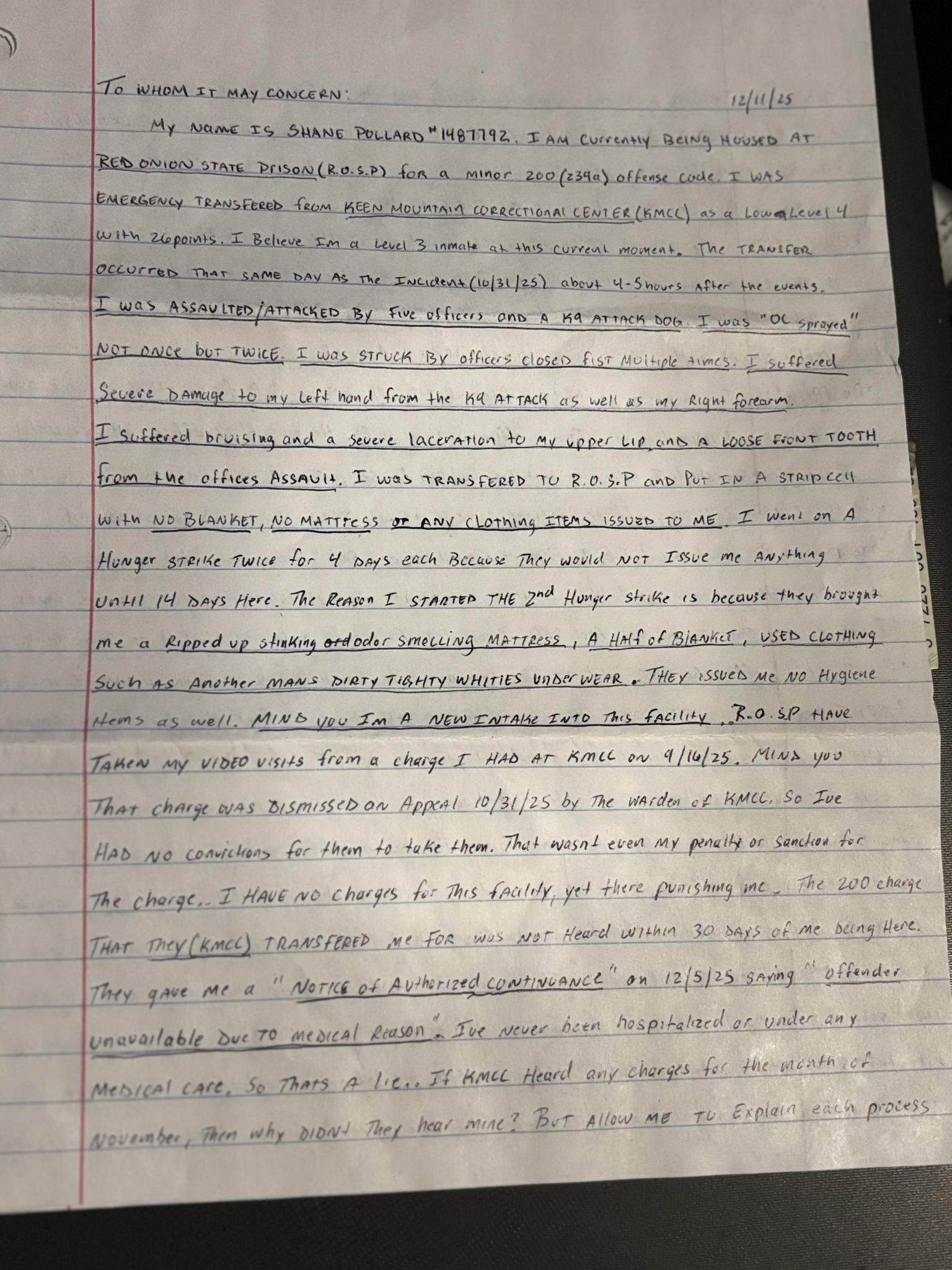 First page of Shane Pollard's written testimony (scanned document).