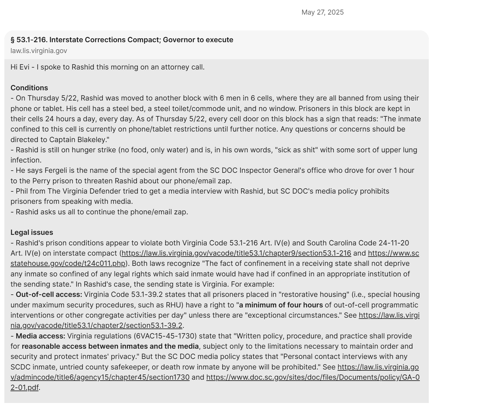 Attorney update from May 27, 2025 describing Rashid’s transfer to the six-cell no-communication unit, upper lung infection, and threats over the phone and email campaign.