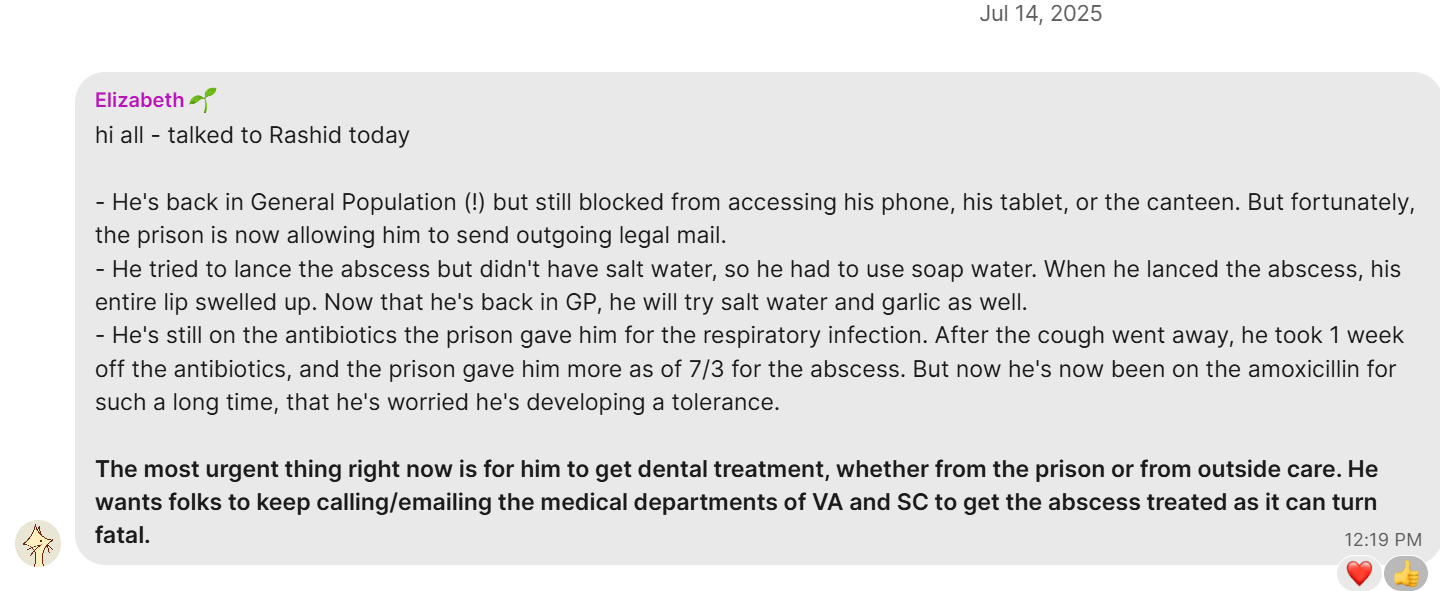 Attorney update from July 14, 2025 describing Rashid’s return to general population, continuing restrictions, self-lancing attempt, and ongoing antibiotics.