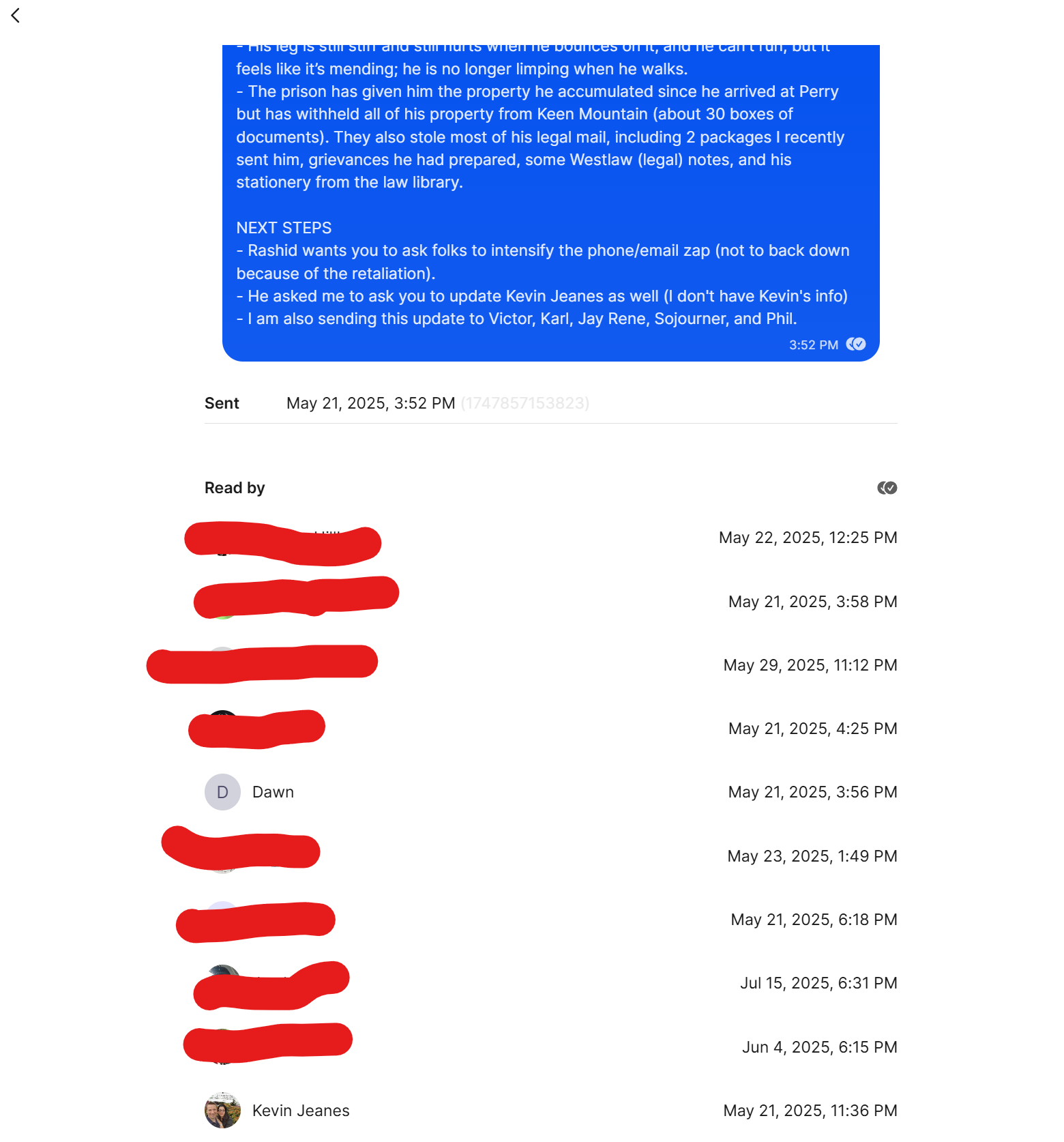 Read receipts showing Dawn and Jeanes read the May 2025 advocacy message