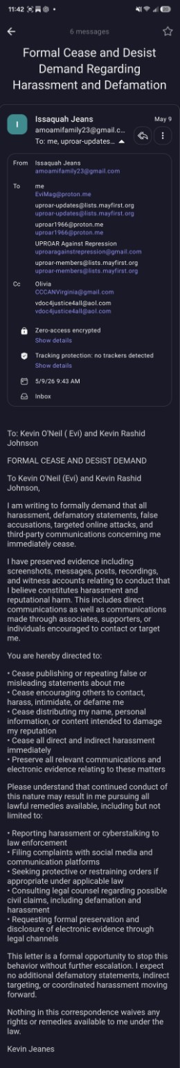 Cease and desist from amoamifamily23 signed Kevin Jeanes