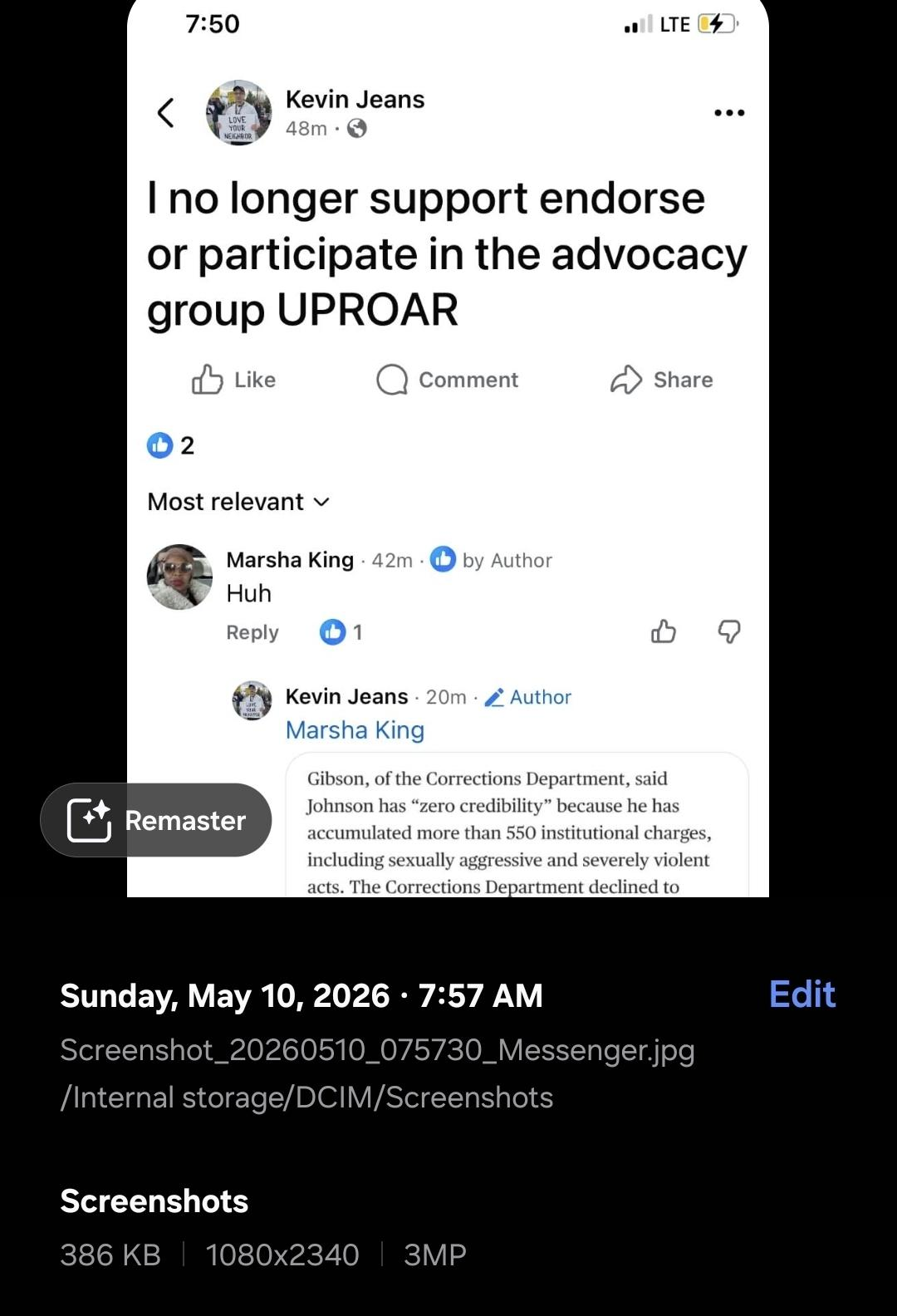Jeanes public UPROAR disavowal and Gibson quote