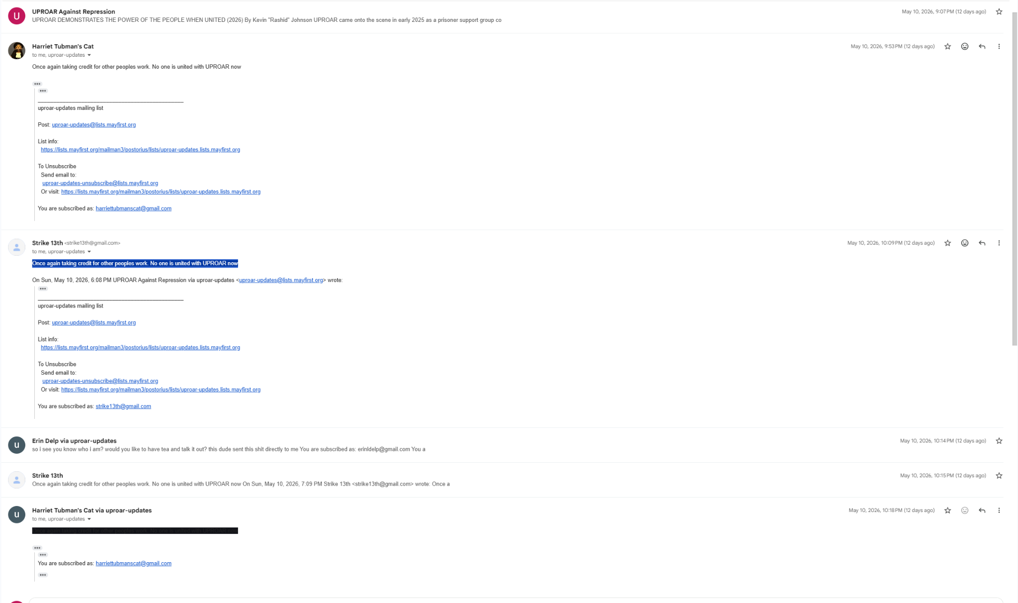 Full listserv thread with Harriet and Strike taking credit echoes