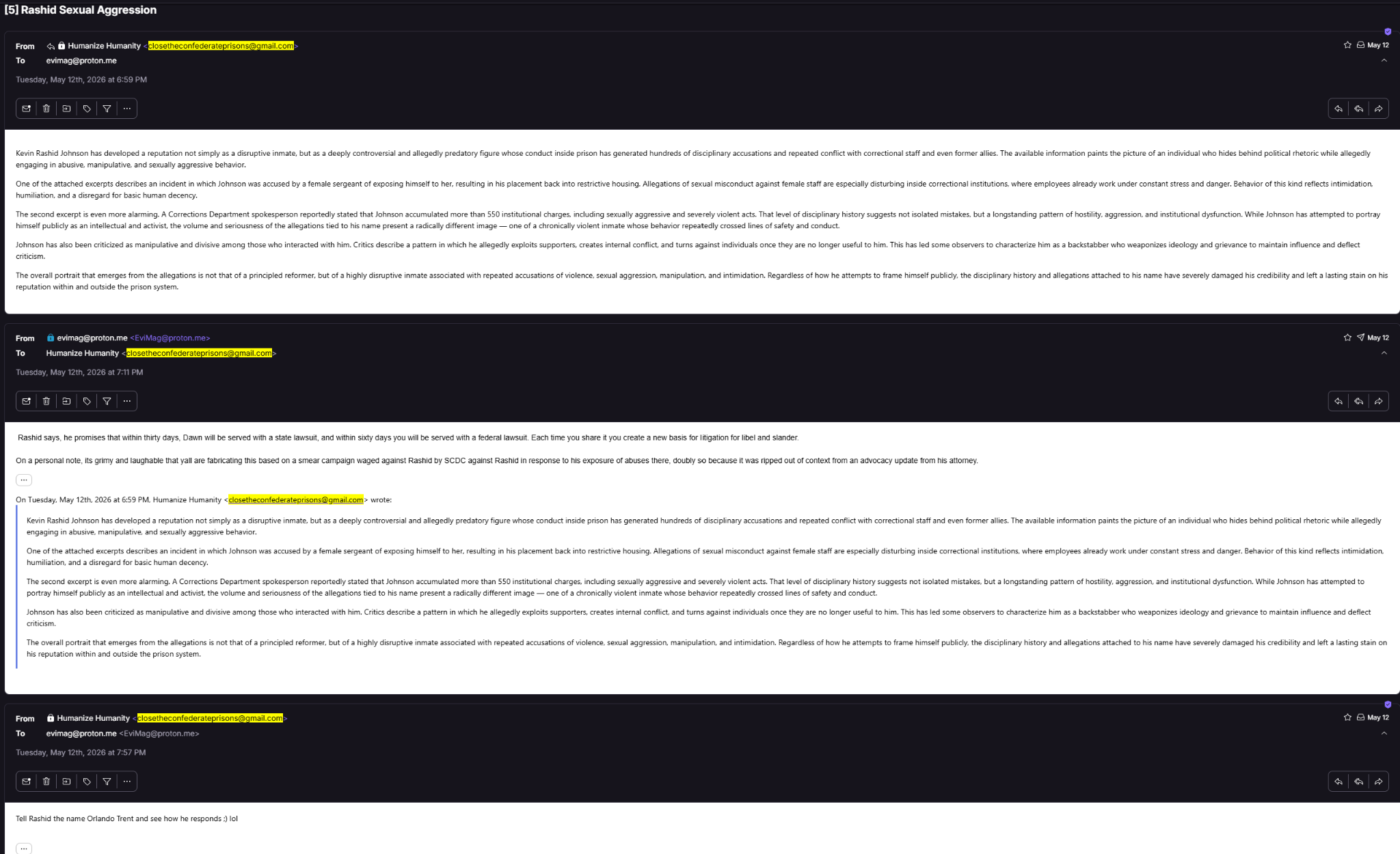 Humanize smear email with Evi warning and first Orlando Trent taunt