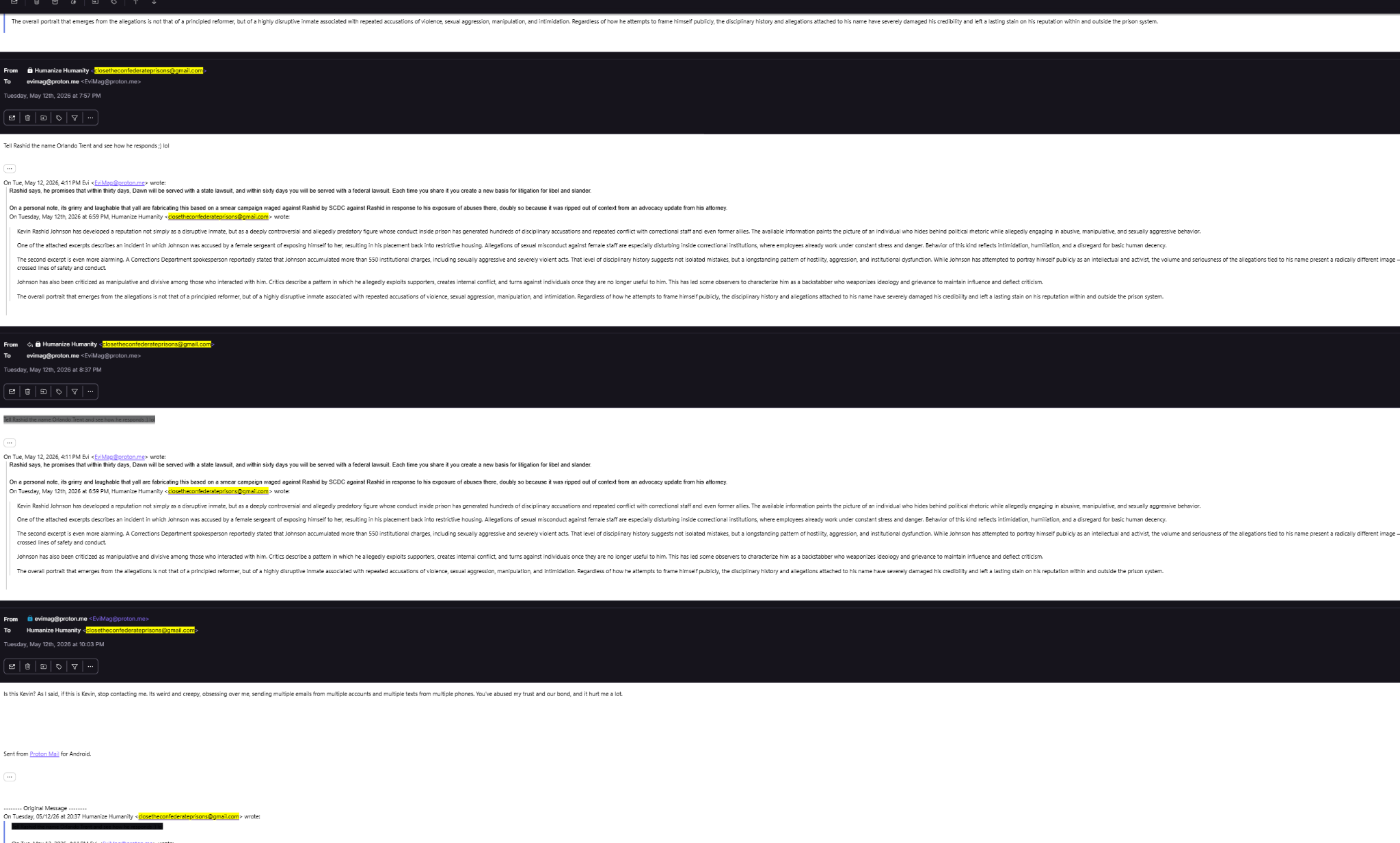 Humanize repeated Orlando Trent taunt and Evi stop contact message
