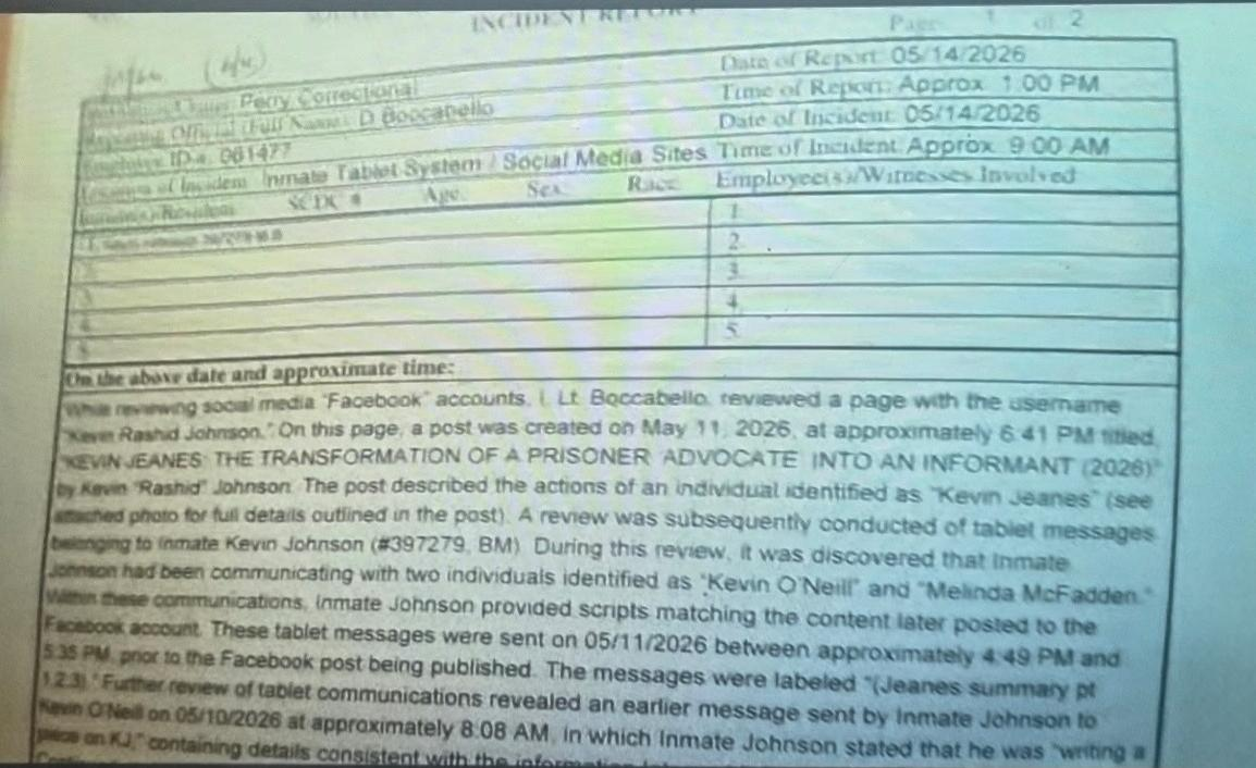 SCDC incident report page identifying Rashid's article about Jeanes as part of the disciplinary basis