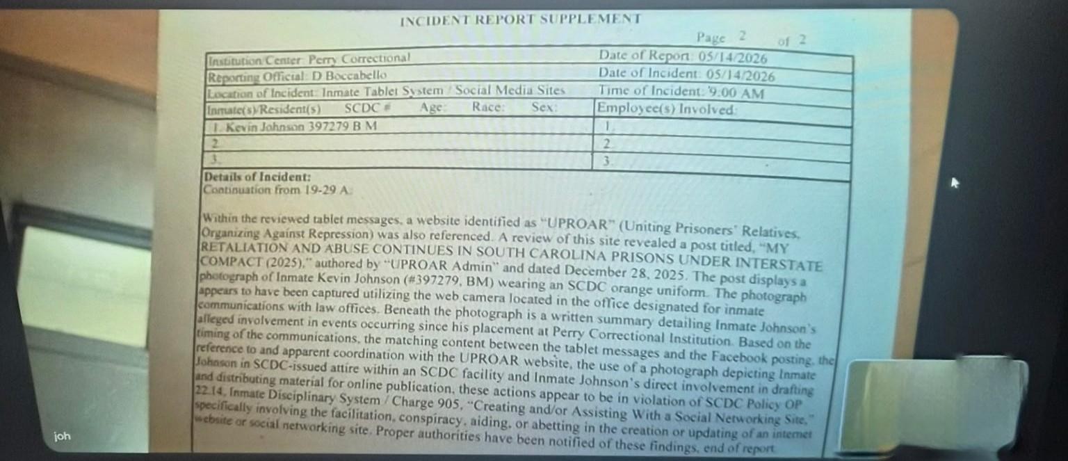 SCDC incident report supplement identifying UPROAR South Carolina article as part of the disciplinary basis