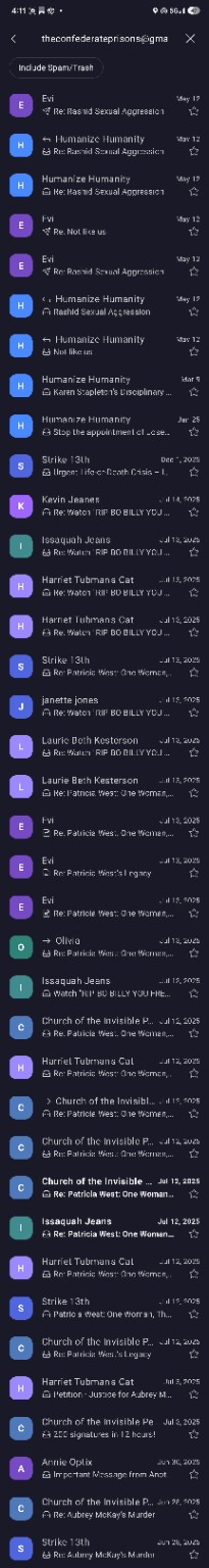 Inbox search for Close the Confederate Prisons showing Jeanes linked campaign email ecosystem