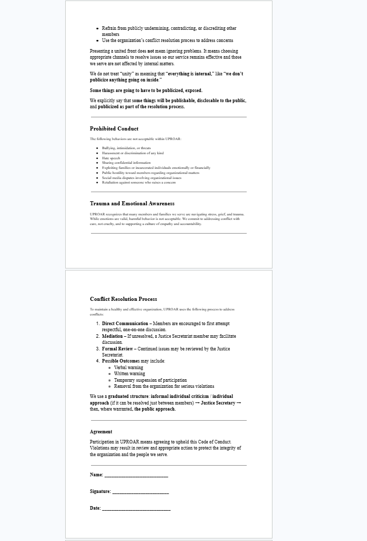 UPROAR Code of Conduct public disclosure caveat and conflict resolution